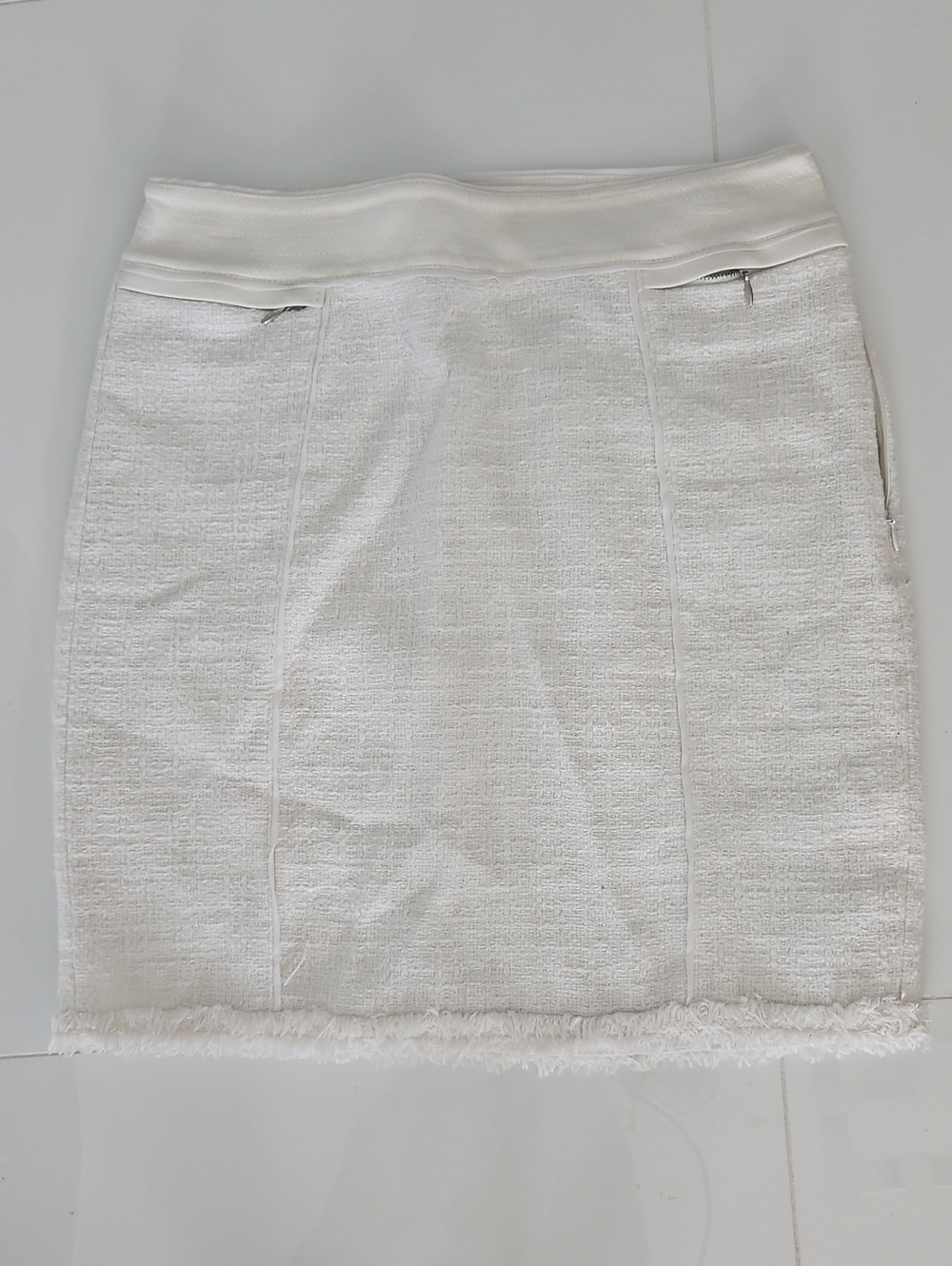 White House Black Market Off-White Textured Mini Skirt with Fringe Hem